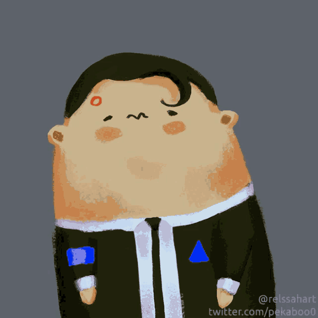 a drawing of a man in a suit with a blue triangle on his pocket
