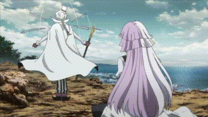a man and a woman are standing next to each other on top of a hill . the woman is wearing a wedding dress .