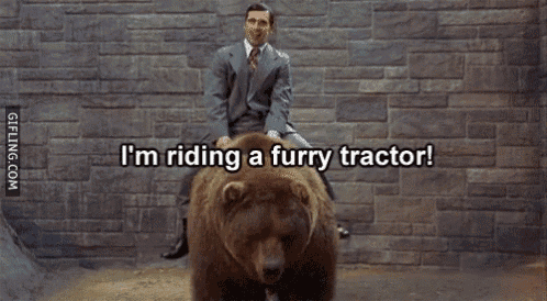 a man in a suit is riding on the back of a bear .
