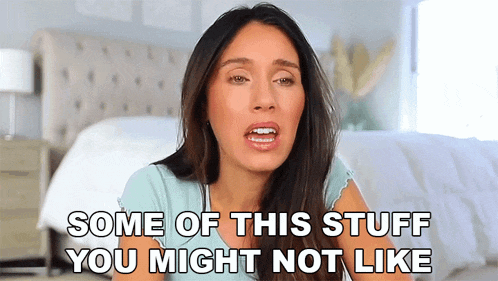 a woman is sitting on a bed and says some of this stuff you might not like .