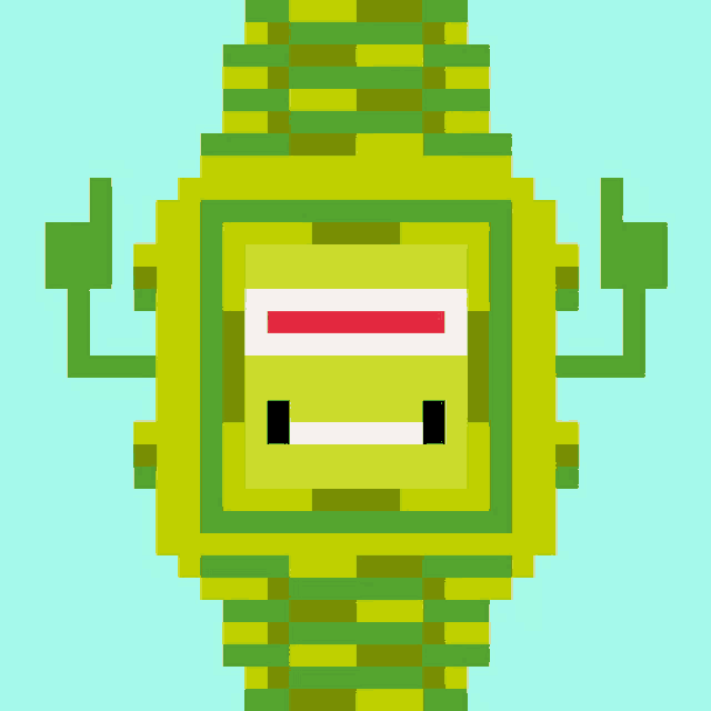 a pixel art drawing of a green watch with a santa hat on