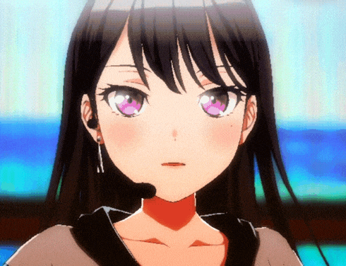 a girl with long black hair and purple eyes wearing a microphone
