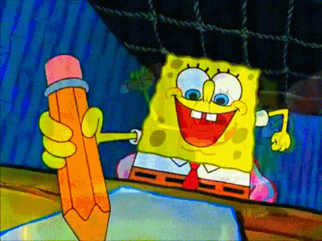 a cartoon of spongebob holding a large pencil