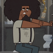 a cartoon character with a beard and suspenders is standing in front of a toilet paper roll