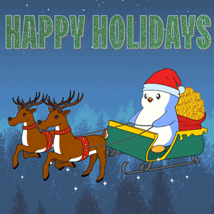 a penguin is being pulled in a sleigh by two reindeer with the words happy holidays written above it