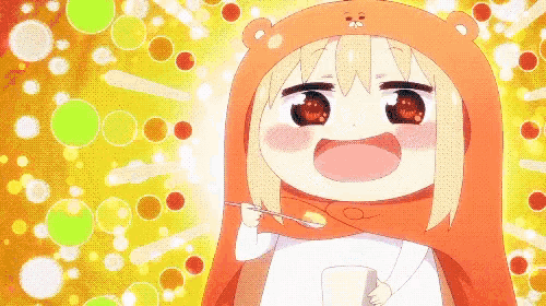 a girl in a bear hat is holding a spoon and a cup of soup .