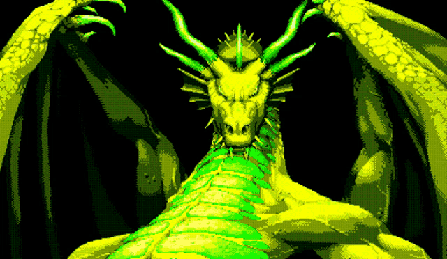 a pixel art of a yellow and green dragon with a black background