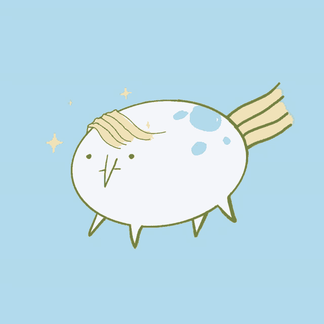 a cartoon drawing of a white whale with a yellow tail and a ponytail