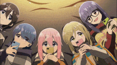 a group of anime girls are standing next to each other looking at their phones