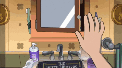a cartoon of a person brushing their teeth with a sign that says the witch hunters