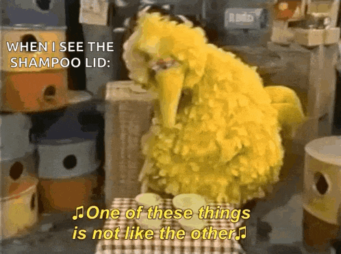 big bird from sesame street sits at a table with cups and says one of these things is not like the other