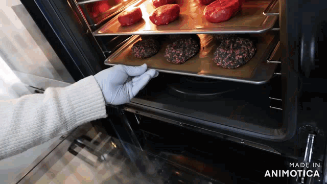 a person is taking a tray of food out of an oven that says made in animatica