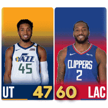 two basketball players with ut 45 and clippers 2 on their jerseys