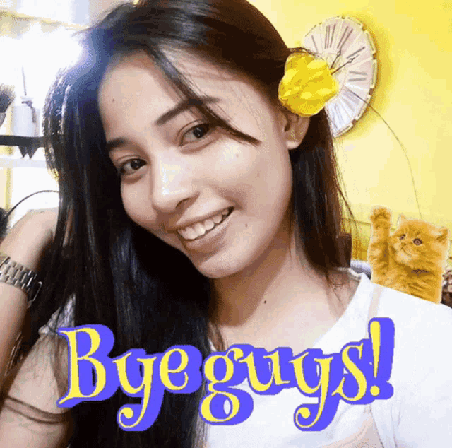 a woman with a yellow flower in her hair and the words bye guys