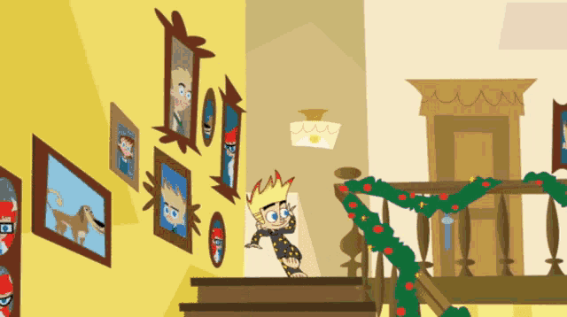 a cartoon of a boy standing on a set of stairs in front of a wall of pictures