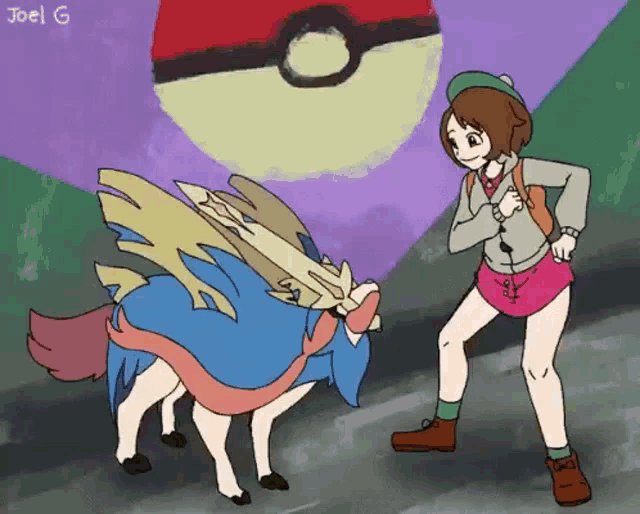 a cartoon of a girl standing next to a pokemon with the name joel g written on the bottom