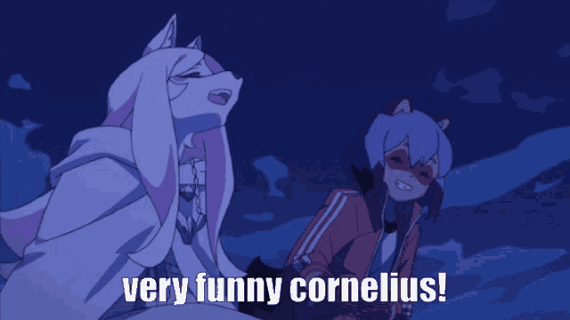 a picture of two anime characters with the caption " very funny cornelius " at the bottom