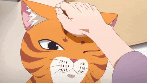 a person petting an orange cat 's head with a pink ear