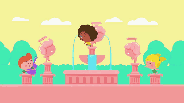 a cartoon illustration of a fountain with angels on it