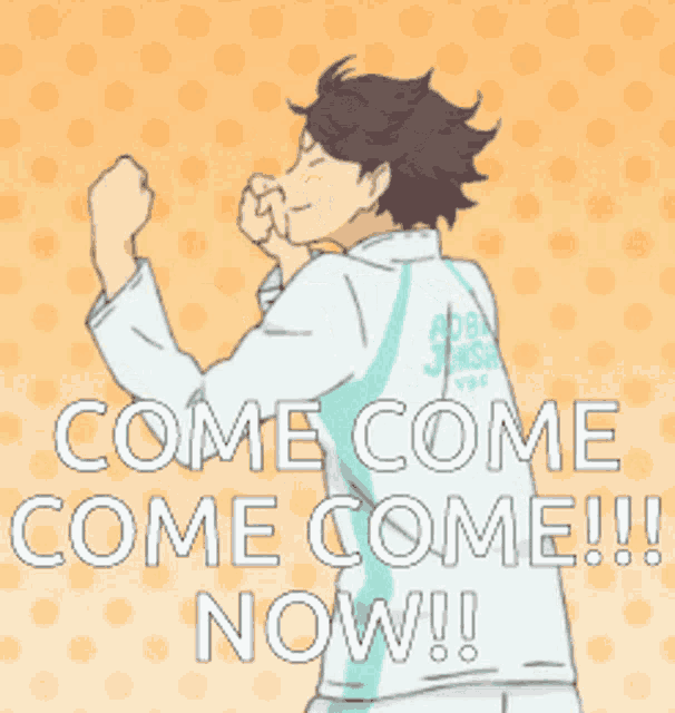 a cartoon of a man with the words come come come now written below him