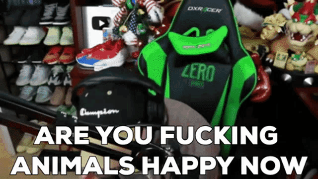 a green and black gaming chair with the words " are you fucking animals happy now "