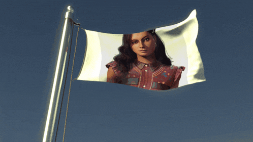 a flag with a picture of a woman on it is flying in the wind