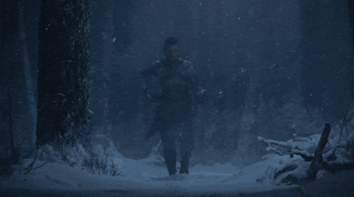 a person walking through a snowy forest with a sword