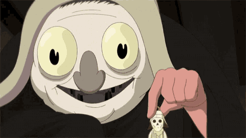 a cartoon character is smiling and holding a skeleton