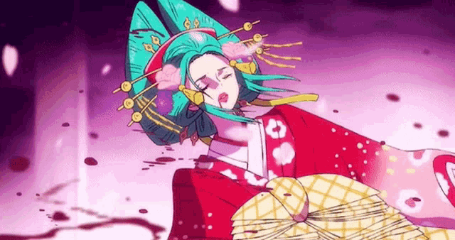 a cartoon of a woman in a kimono with flowers in her hair and a fan .