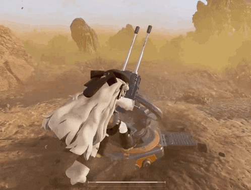 a video game character in a white cape is standing next to a machine in the desert