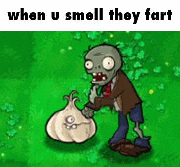 a cartoon of a zombie holding a garlic bulb with the words " when u smell they fart " below him