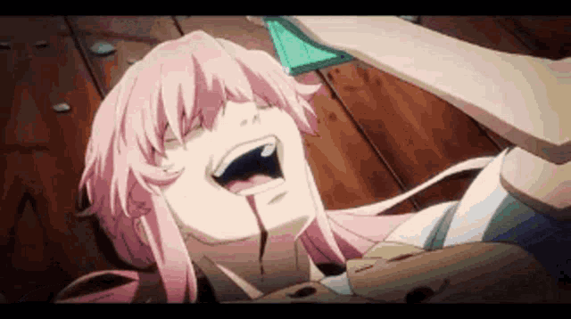 a girl with pink hair and blood coming out of her mouth