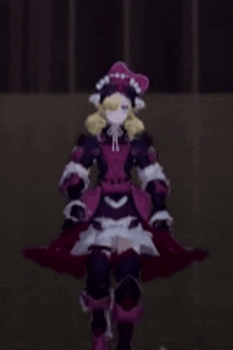 a girl in a pink dress and purple armor is dancing in a video game .