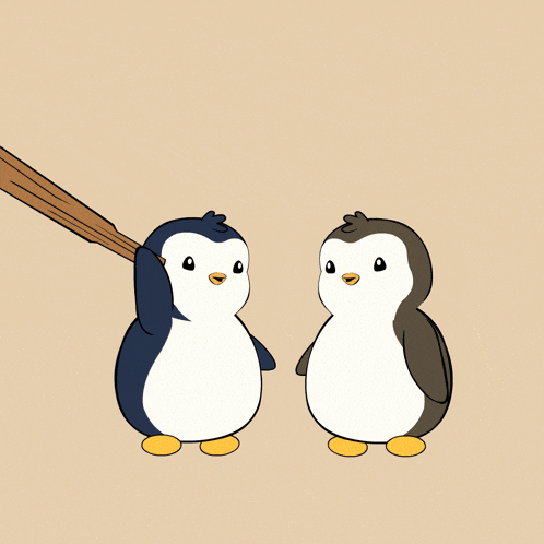 two penguins are standing next to each other and one is holding a bat and the word brotherly is on the bottom