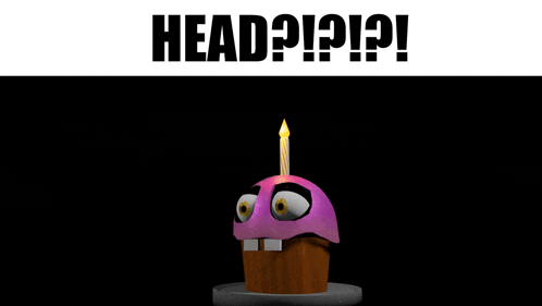 a cartoon cupcake with googly eyes and a candle on top of it with the words head written above it