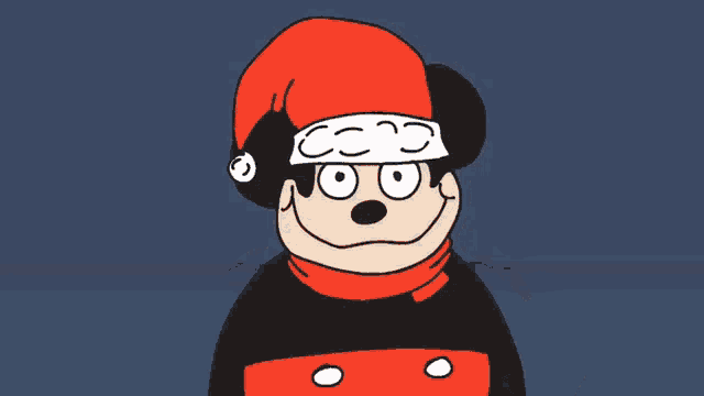 a cartoon mickey mouse wearing a santa hat and scarf is waving