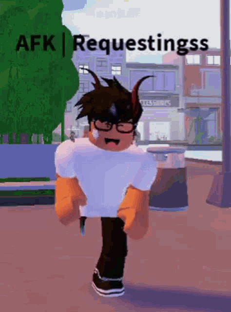 a cartoon character with horns is standing in front of a sign that says afk requestss .