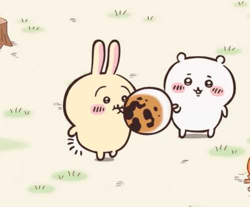 a cartoon drawing of a rabbit and a bear holding a cookie
