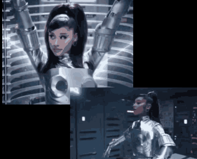 two pictures of a woman in a futuristic costume