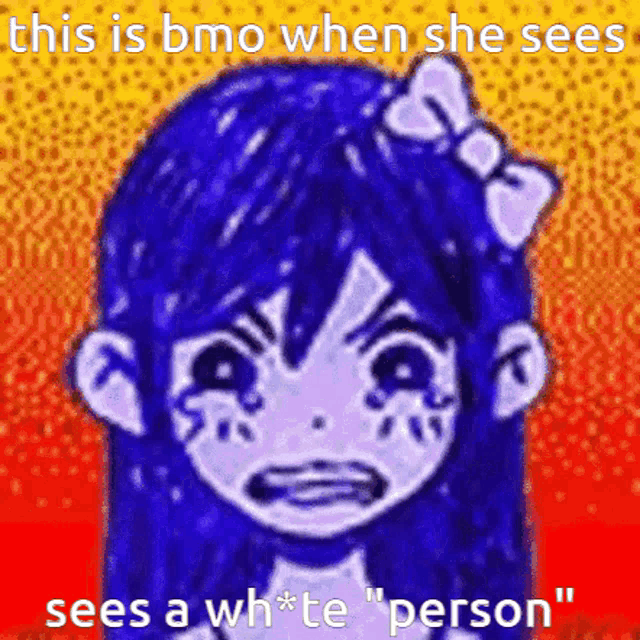 a cartoon of a girl with blue hair and a bow on her head