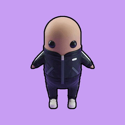 a cartoon character with a purple background is wearing a black jacket