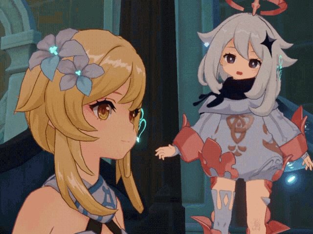 a girl with a flower in her hair stands next to another girl with a star on her head