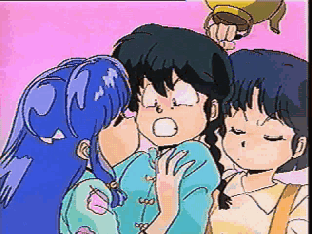 a group of three anime characters are standing next to each other .