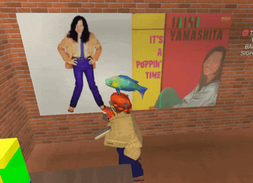 a person holding a fish in front of a poster that says ' it 's a poppin ' time '