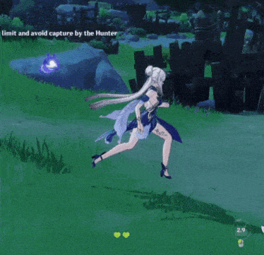a girl in a blue dress is running in a video game with the words limit and avoid capture by the hunter below her