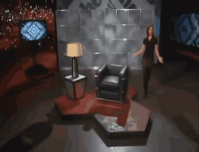 a woman stands in front of a chair and a clock that has the time of 4:20
