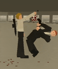 a man with a gun is standing next to a man in a suit who is upside down