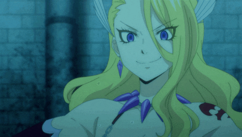 a blonde anime character with blue eyes and a purple necklace