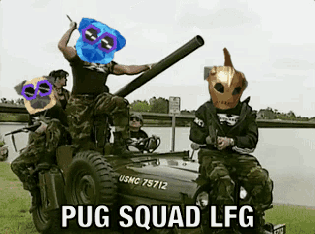a group of pug squad lfg soldiers are sitting on a jeep