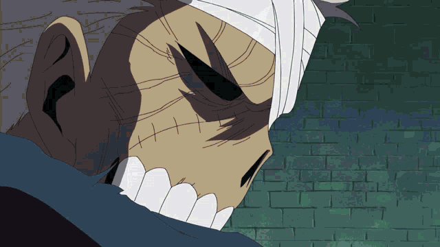 a drawing of a man with a bandage on his head shows his teeth